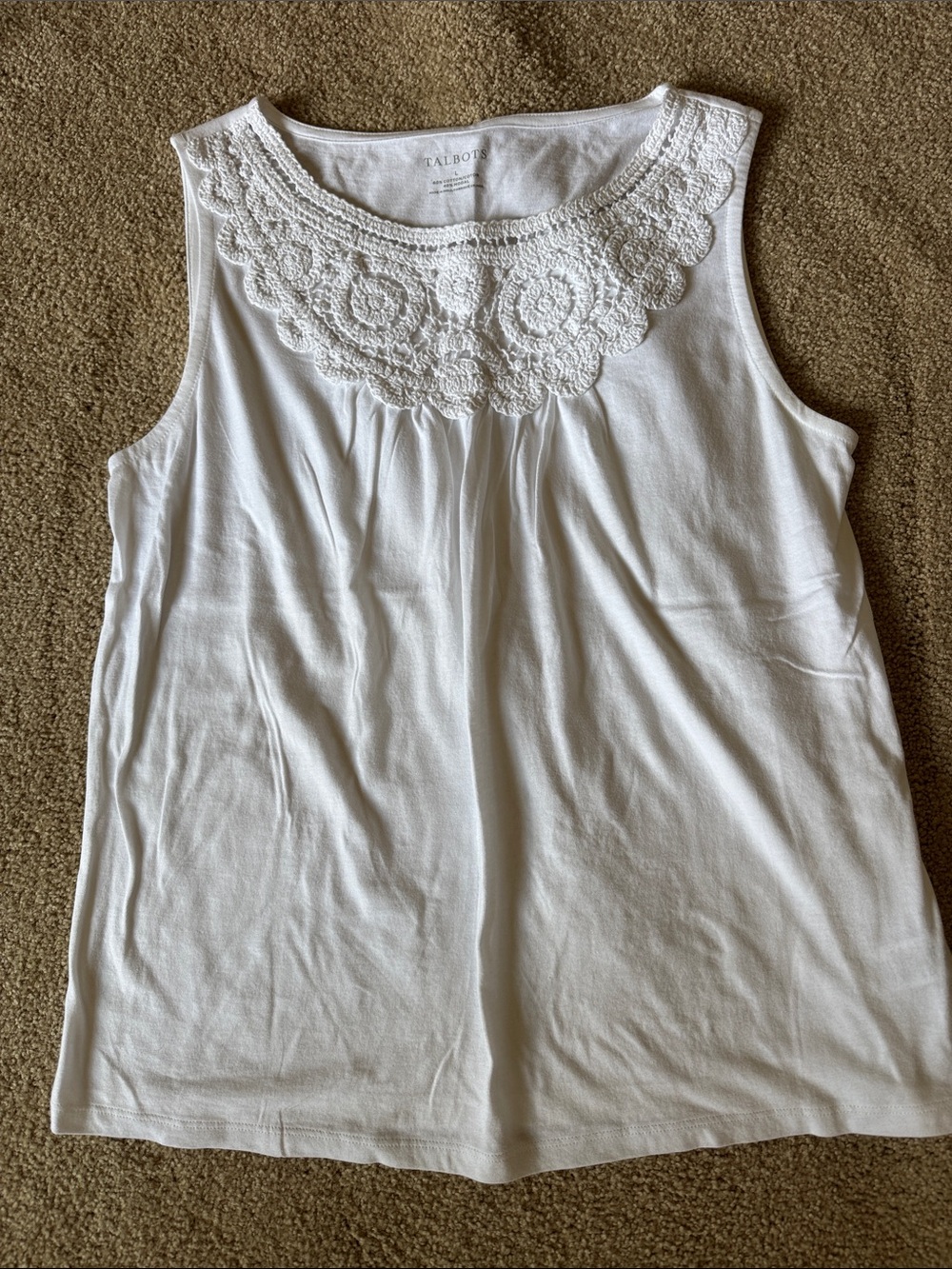 Talbots White Sleeveless Crochet Yoke Tank Top